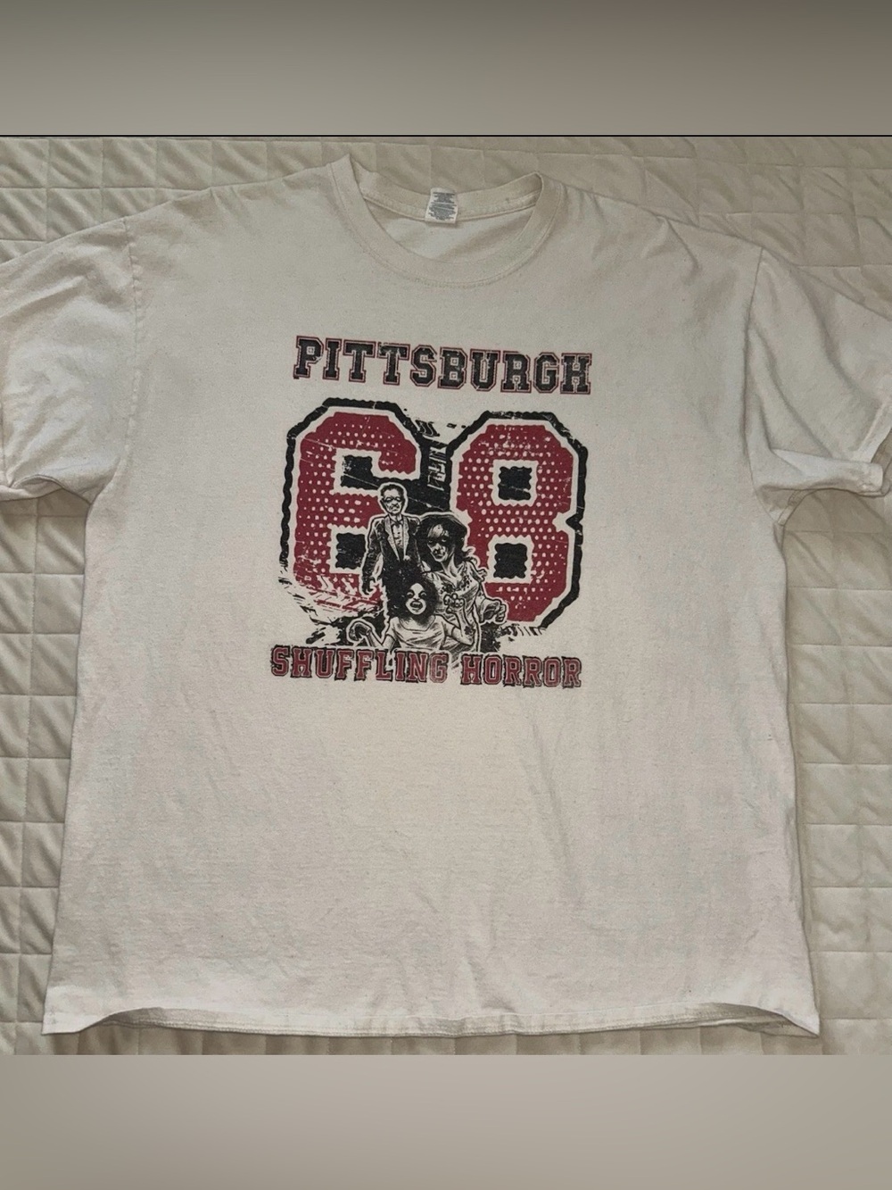 Shuffling Horror: Pittsburgh 68 Mens Tshirt. Cream Color. Pit To Pit 23” Large?